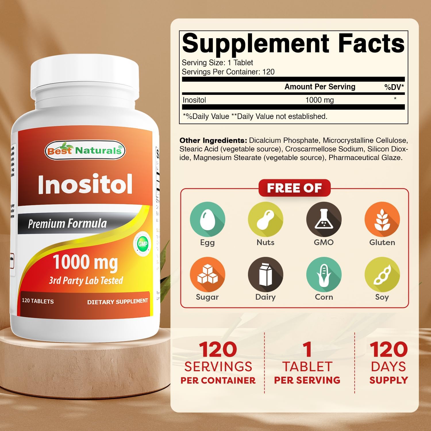 High Quality Best Naturals Inositol 1000 mg Tablets - Pack of 120 Tablets (1 or 3 Pack)