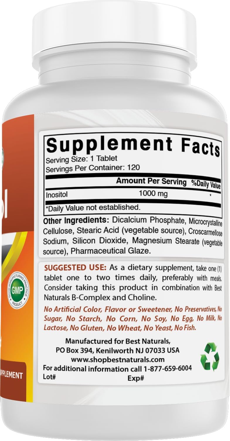 High Quality Best Naturals Inositol 1000 mg Tablets - Pack of 120 Tablets (1 or 3 Pack)