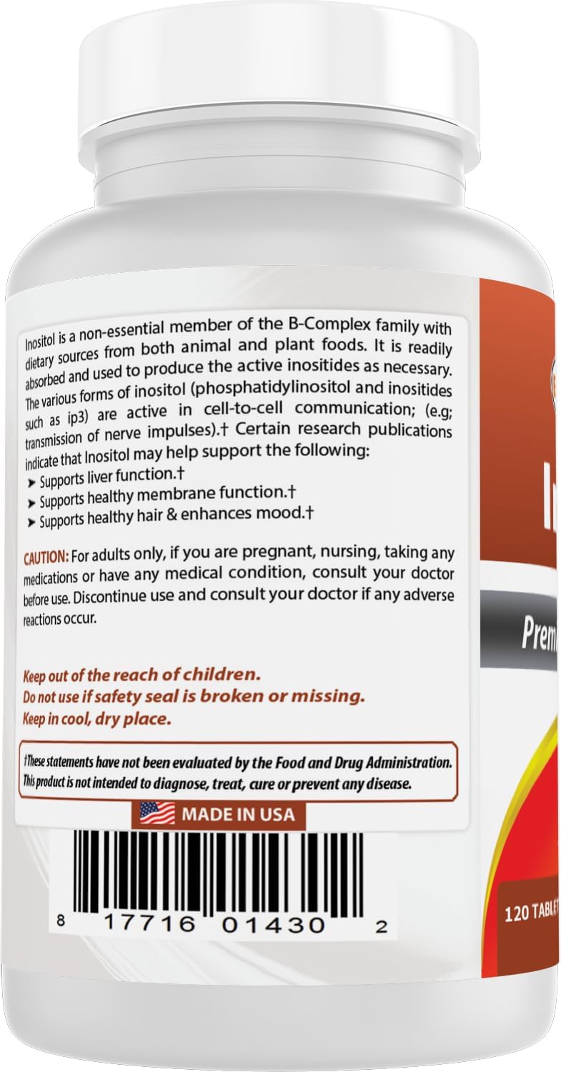 High Quality Best Naturals Inositol 1000 mg Tablets - Pack of 120 Tablets (1 or 3 Pack)