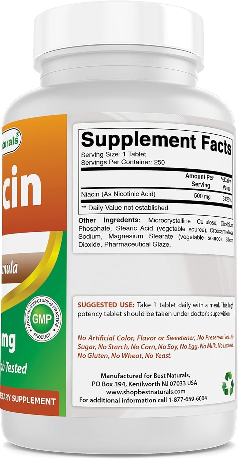 High Quality Best Naturals Niacin 500mg 250 Tablets - Vitamin B3 Supplement (750 Count)