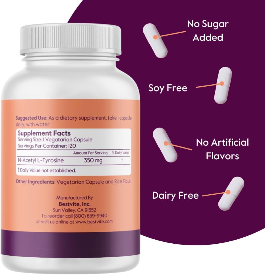 High-Quality BESTVITE N-Acetyl L-Tyrosine 350mg (NALT) Capsules - 120 Count - Stearate-Free - Non GMO - Gluten-Free