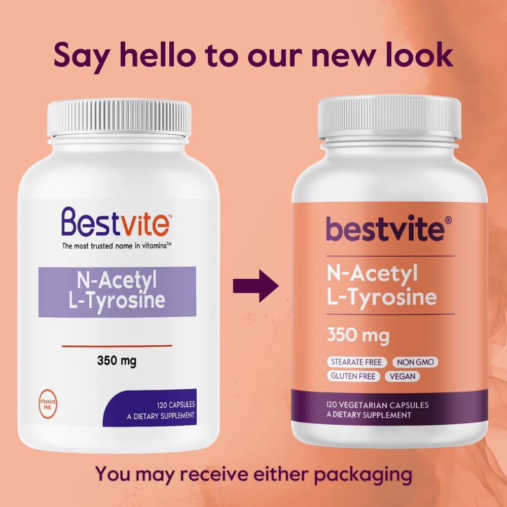 High-Quality BESTVITE N-Acetyl L-Tyrosine 350mg (NALT) Capsules - 120 Count - Stearate-Free - Non GMO - Gluten-Free