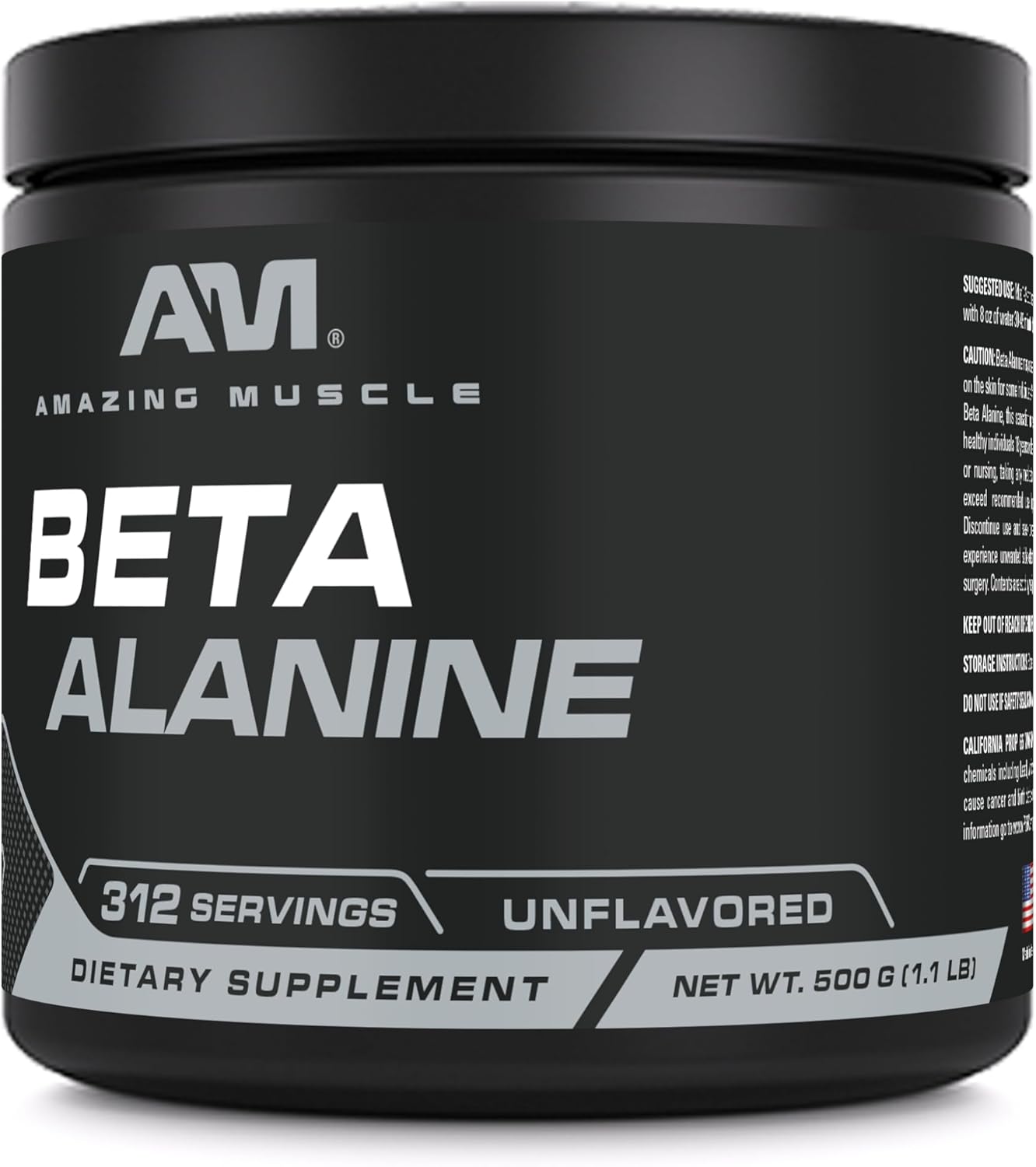 High-Quality Beta-Alanine Powder Supplement | 1600 Mg | Unflavored | 500 G (1.1 LB) | 312 Servings | Non-GMO | Made in USA
