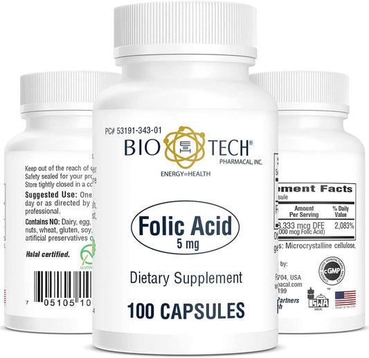 High-Quality Bio-Tech Pharmacal Folic Acid Supplements - 5mg, 100 Tablets