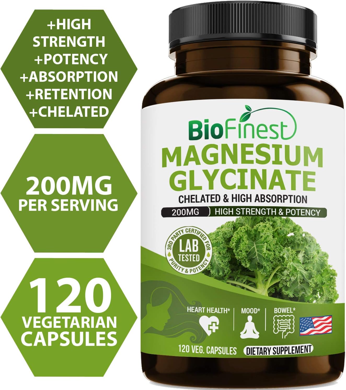 High-Quality BioFinest 200mg Chelated Magnesium Glycinate Supplement for Heart Health, Digestion, Immune Support, Energy, Metabolism, Mood, and Sleep - 120 Capsules, Made in USA