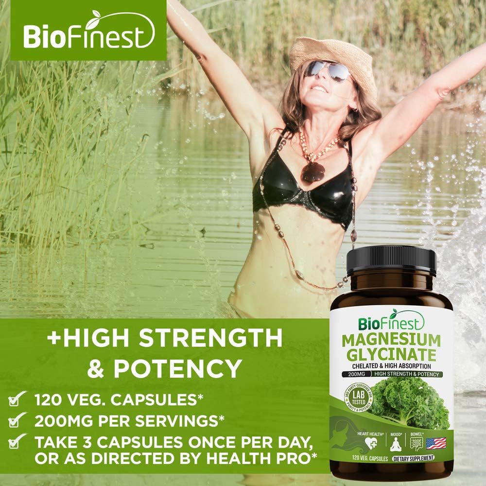 High-Quality BioFinest 200mg Chelated Magnesium Glycinate Supplement for Heart Health, Digestion, Immune Support, Energy, Metabolism, Mood, and Sleep - 120 Capsules, Made in USA