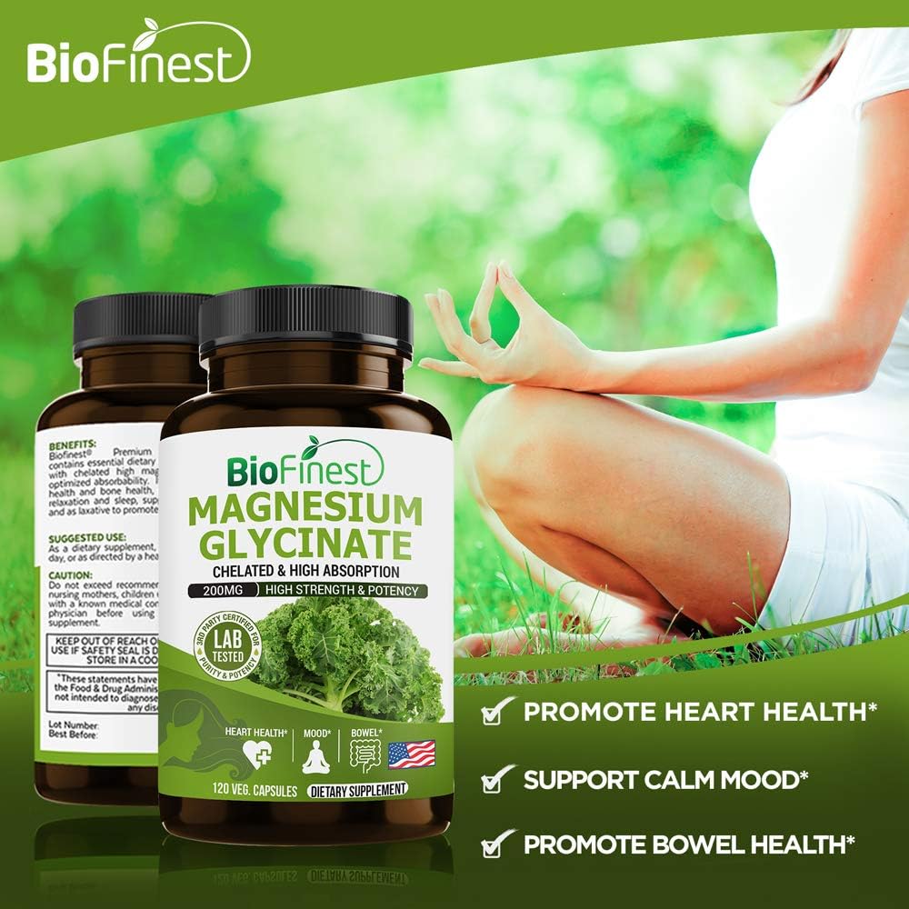 High-Quality BioFinest 200mg Chelated Magnesium Glycinate Supplement for Heart Health, Digestion, Immune Support, Energy, Metabolism, Mood, and Sleep - 120 Capsules, Made in USA