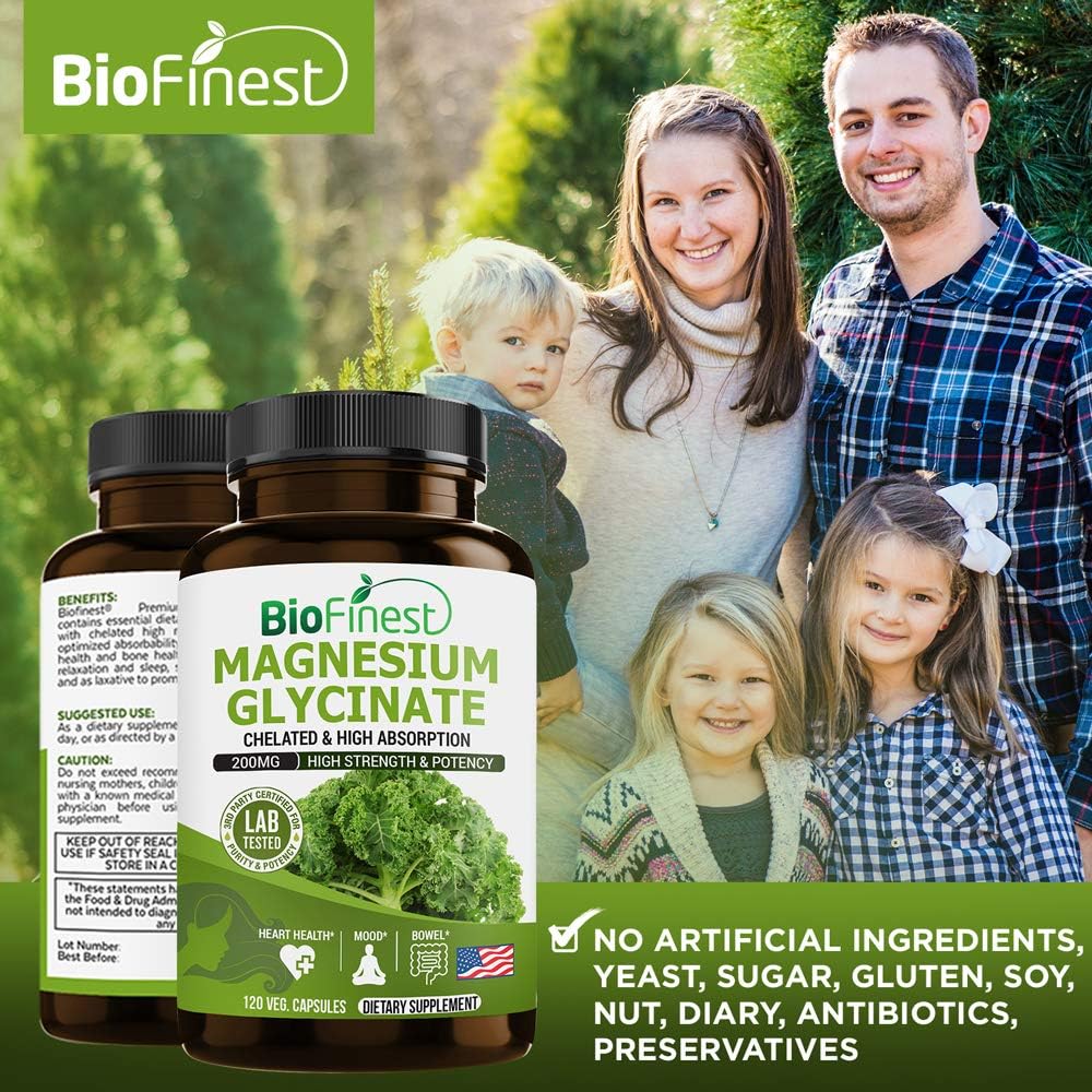 High-Quality BioFinest 200mg Chelated Magnesium Glycinate Supplement for Heart Health, Digestion, Immune Support, Energy, Metabolism, Mood, and Sleep - 120 Capsules, Made in USA