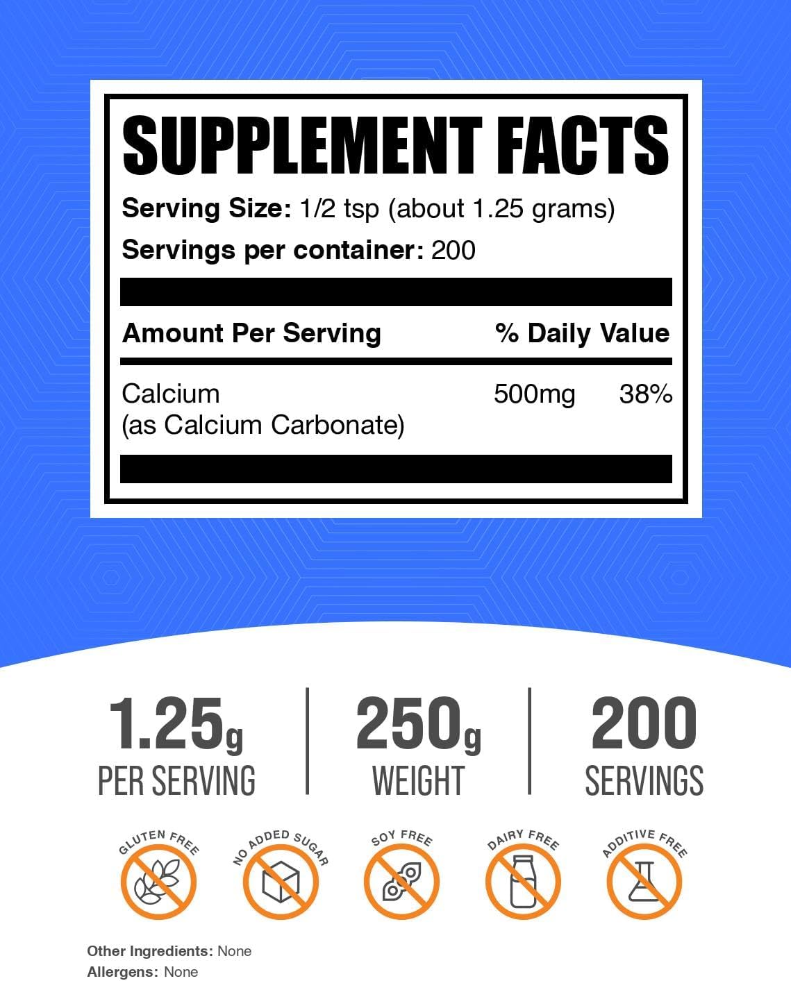 High-Quality Calcium Carbonate Powder - Bone Health Support - Unflavored - 1250mg per Serving - 200 Servings