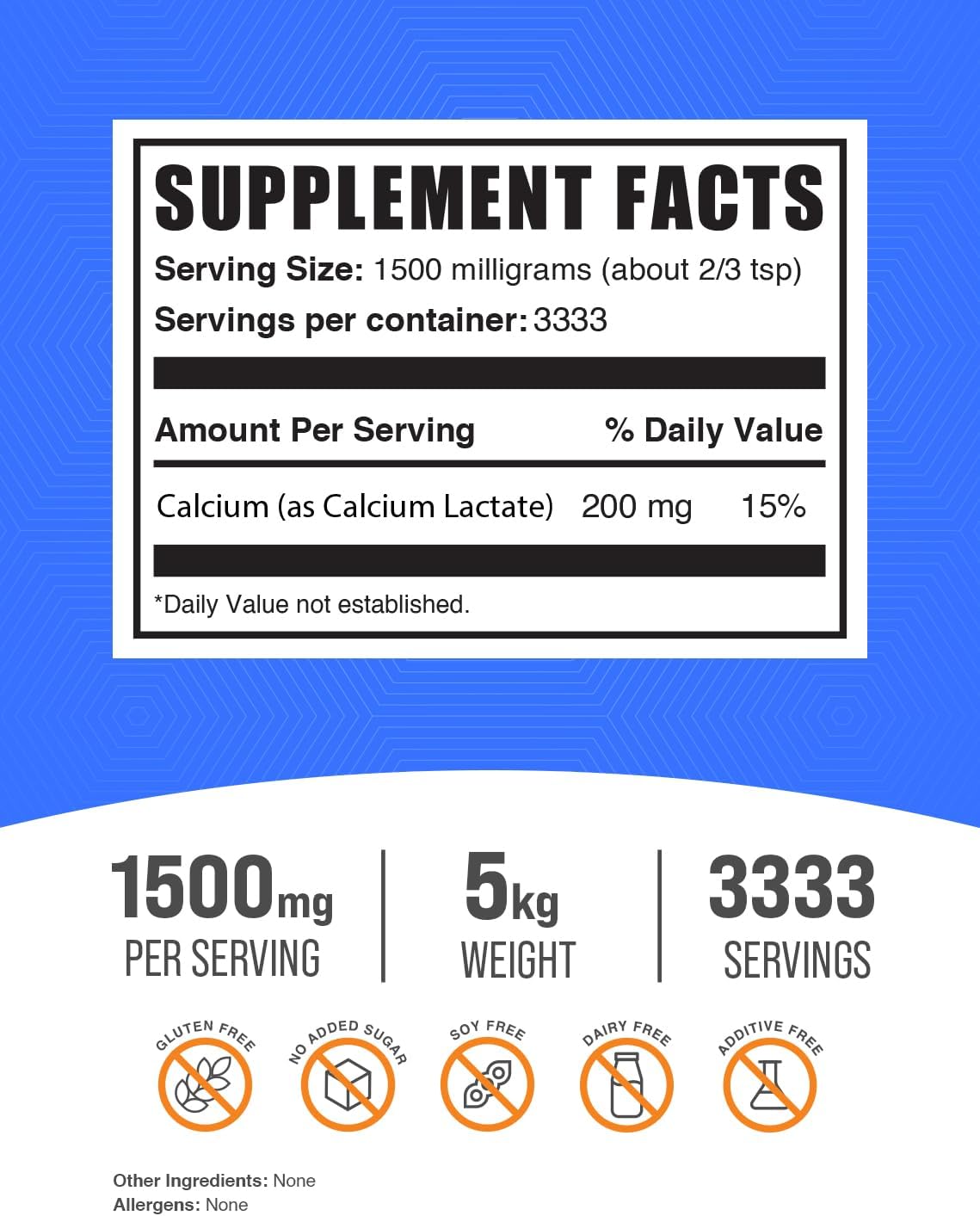 High-Quality Calcium Lactate Powder - 1500mg per Serving, Food Grade Supplement - 5kg Bulk Packs (11 lbs) - Pack of 5