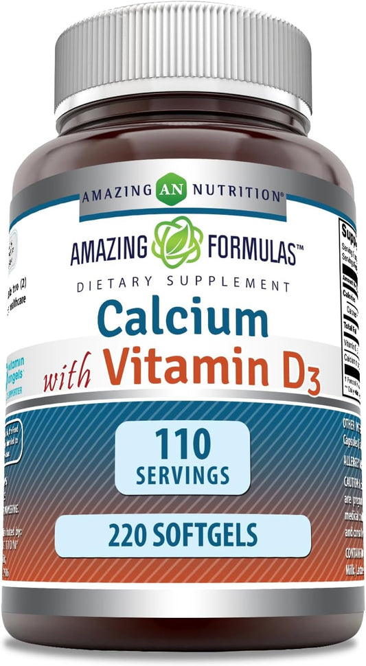 High-Quality Calcium with Vitamin D3 Supplement - 220 Softgels | Non-GMO & Gluten Free - Amazing Nutrition Formula