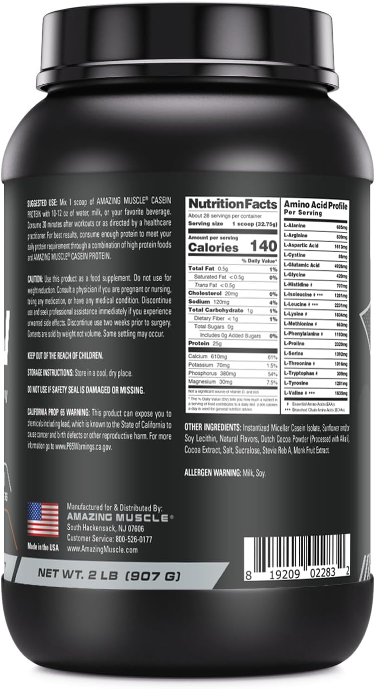High-Quality Chocolate Flavored Casein Protein Powder | 25g Protein | 2lb (907g) | Non-GMO | Made in USA | By Amazing Nutrition