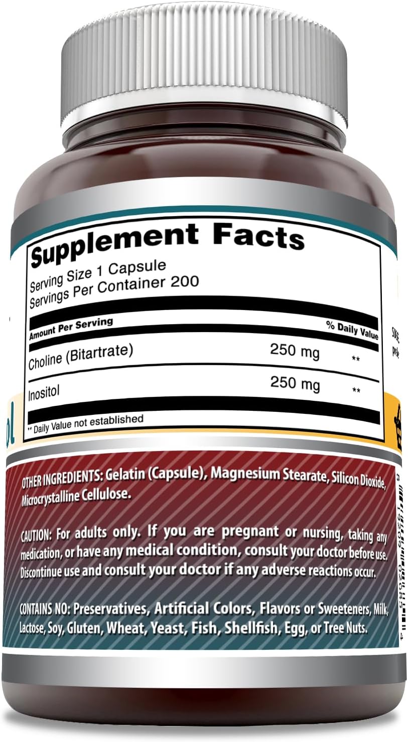 High-Quality Choline & Inositol Supplement - 500mg Capsules, Non-GMO, Gluten-Free, Made in USA - 200 Count Pack