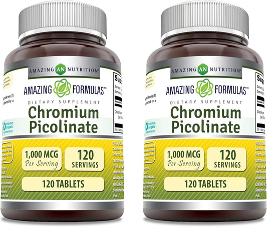 High-Quality Chromium Picolinate 1000mcg Tablets | Non-GMO & Gluten-Free | Made in the USA | 2 Pack, 120 Count