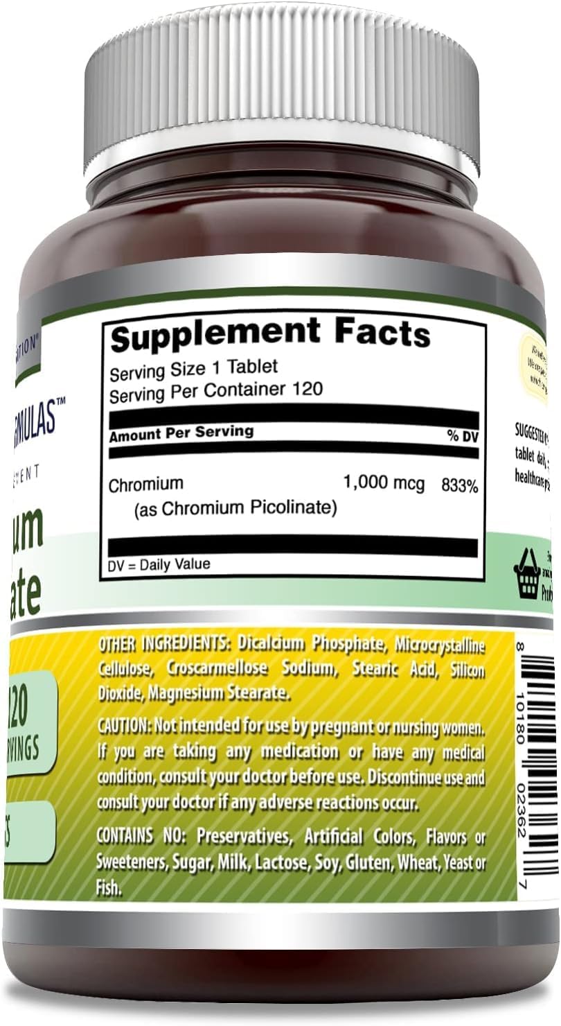 High-Quality Chromium Picolinate 1000mcg Tablets | Non-GMO & Gluten-Free | Made in the USA | 2 Pack, 120 Count