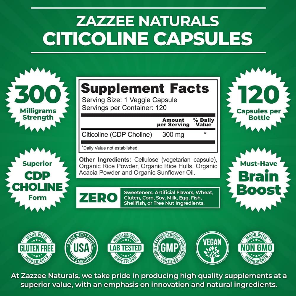 High-Quality Citicoline CDP Choline and Alpha GPC Choline Capsules by Zazzee