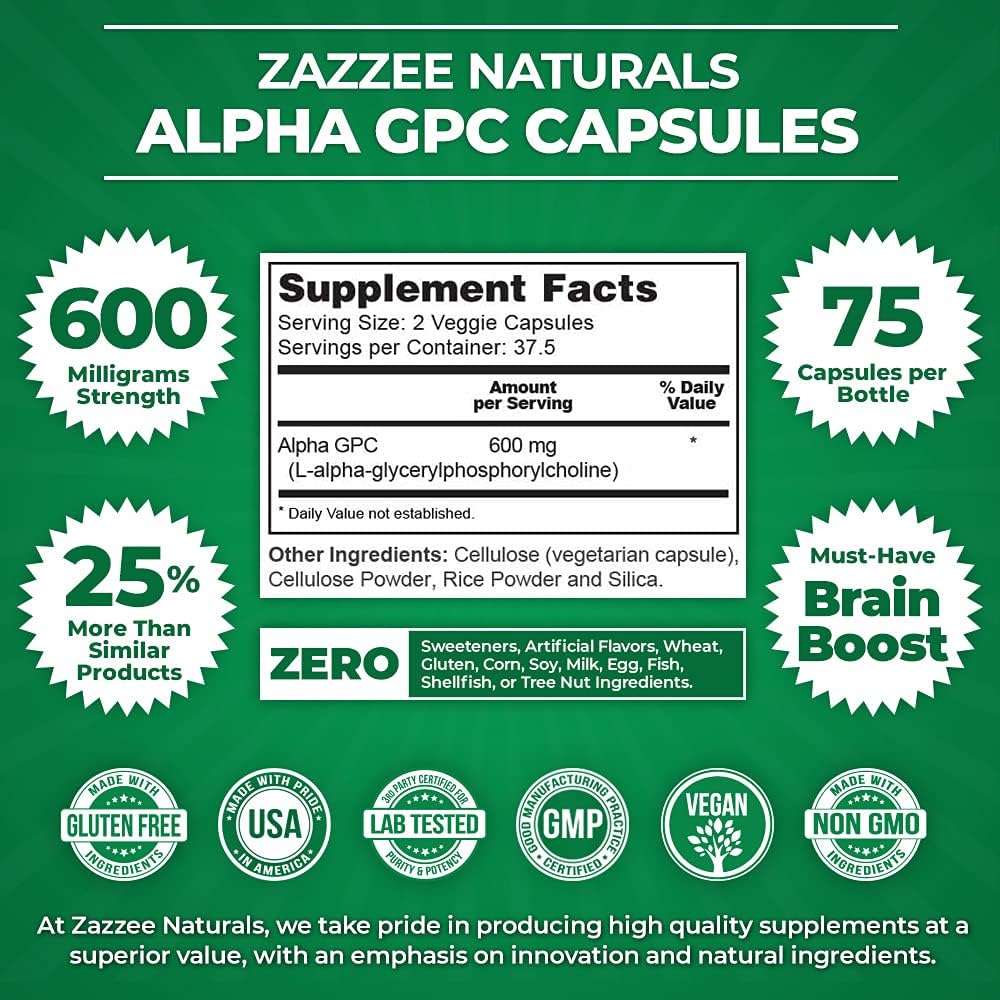 High-Quality Citicoline CDP Choline and Alpha GPC Choline Capsules by Zazzee