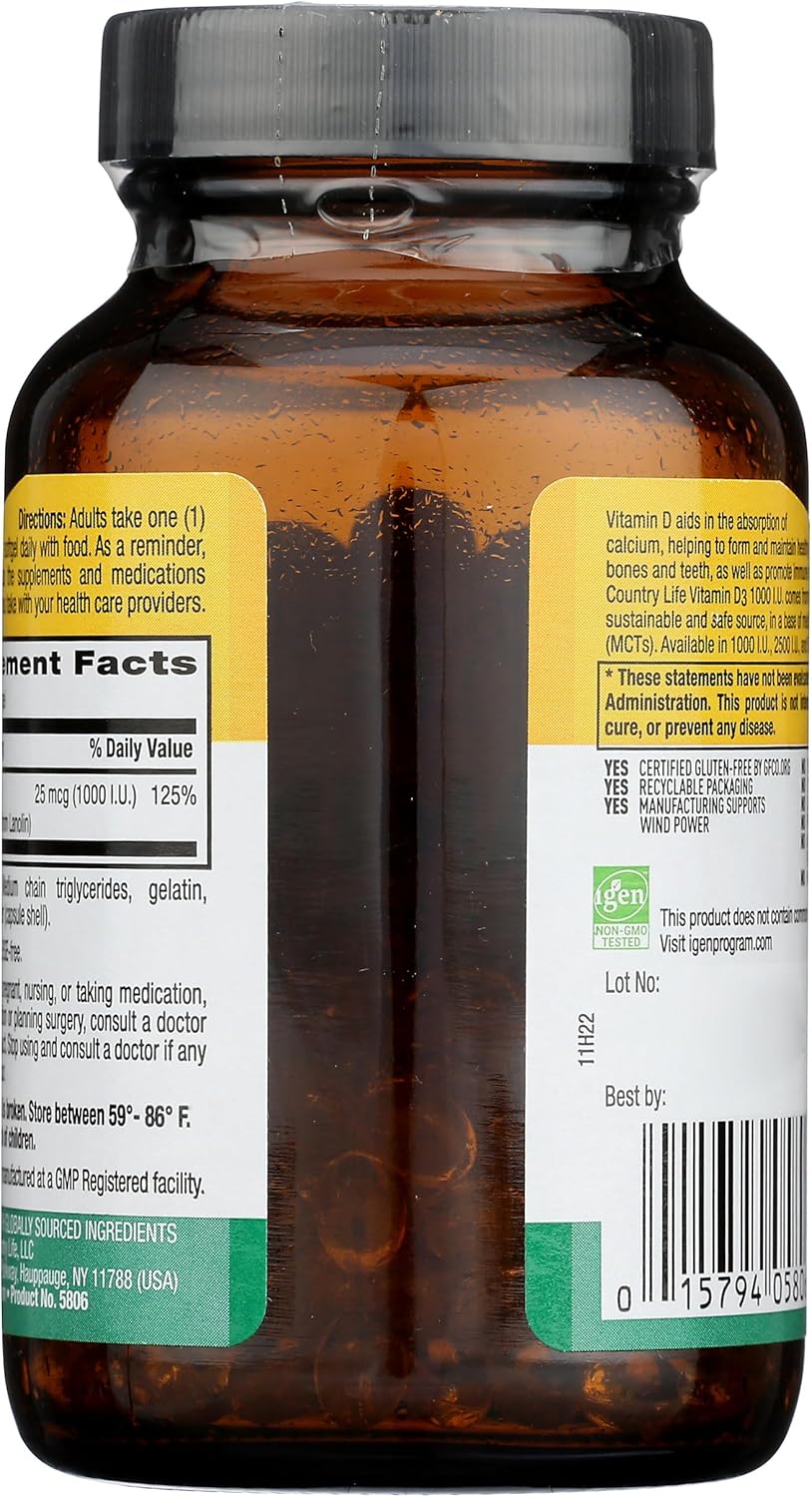 High-Quality Country Life Vitamin D3 Supplement - 1000IU Softgels for Immune Support & Bone Health