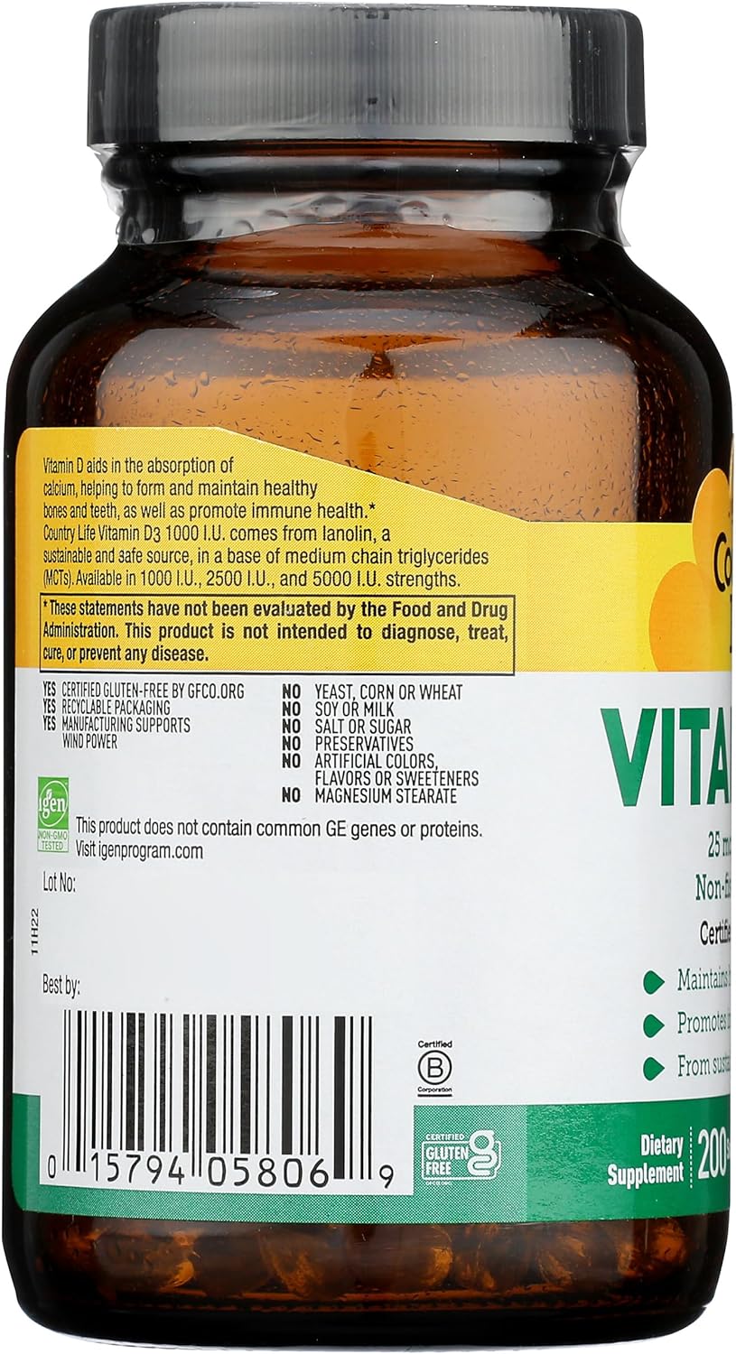 High-Quality Country Life Vitamin D3 Supplement - 1000IU Softgels for Immune Support & Bone Health