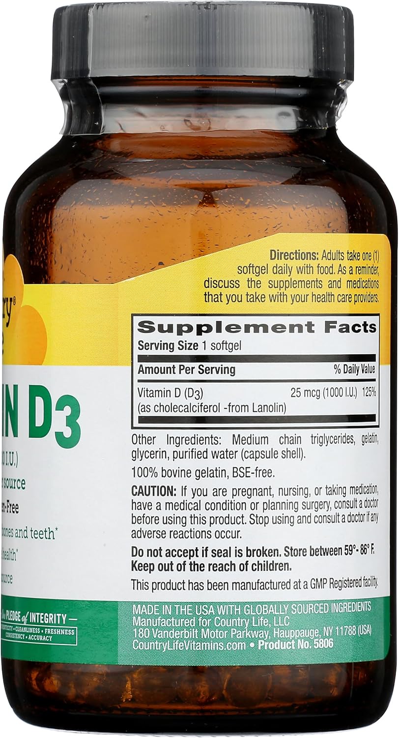 High-Quality Country Life Vitamin D3 Supplement - 1000IU Softgels for Immune Support & Bone Health