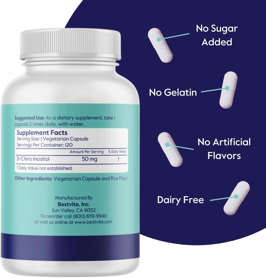 High Quality D-Chiro Inositol Supplement (120 Capsules) - Vegan, Non-GMO, Gluten-Free - 40:1 Inositol Ratio - No Stearates