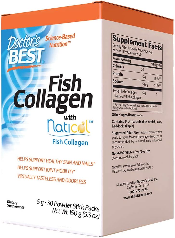 High-Quality Doctor's Best Naticol Fish Collagen Powder Sticks for Skin, Nails, and Joints - 30 Pack