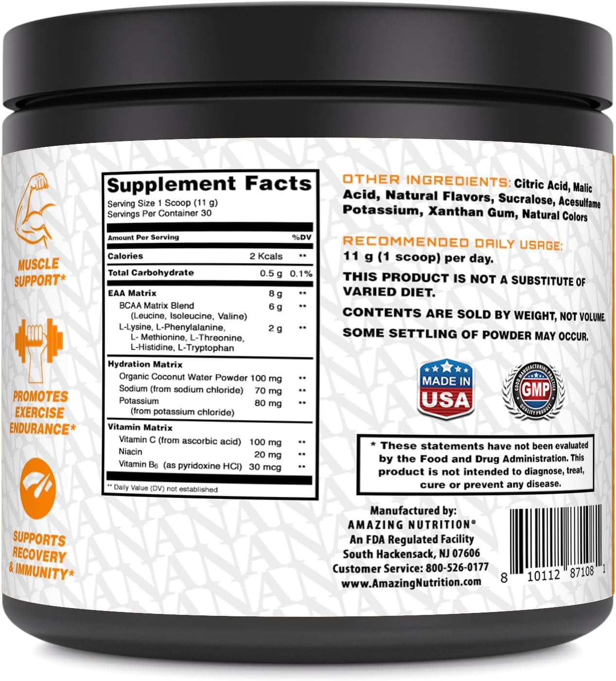 High-Quality EAA Essential Amino Acids Powder Supplement | 8g EAA's per Serving | 30 Servings | Made in USA | Natural Orange Flavor