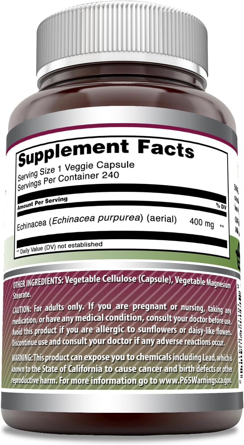 High-Quality Echinacea Supplement | 400 Mg per Serving | 240 Veggie Capsules | Non-GMO & Gluten-Free | Made in USA by Amazing Nutrition