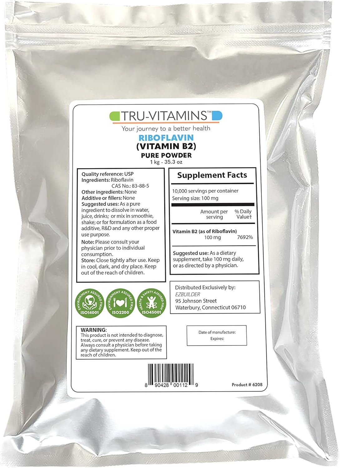 High-Quality EZ BUILDER Vitamin B2 Riboflavin Pure Powder - 1kg (2.2 lb.)