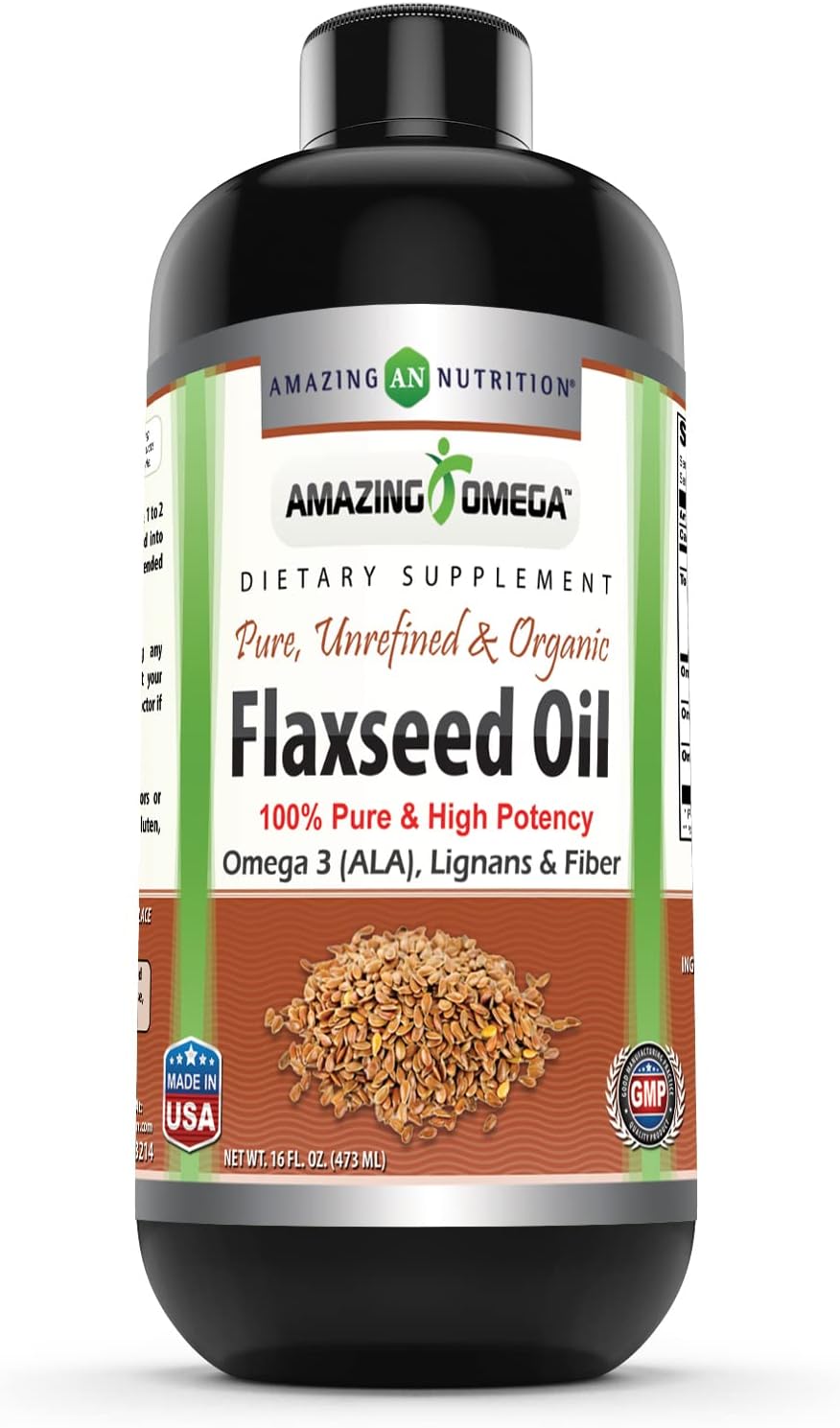 High-Quality Flaxseed Oil Supplement with Omega 3, Lignans, and Fiber | 16 Oz Bottle | Non-GMO & Gluten Free | Made in USA by Amazing Nutrition