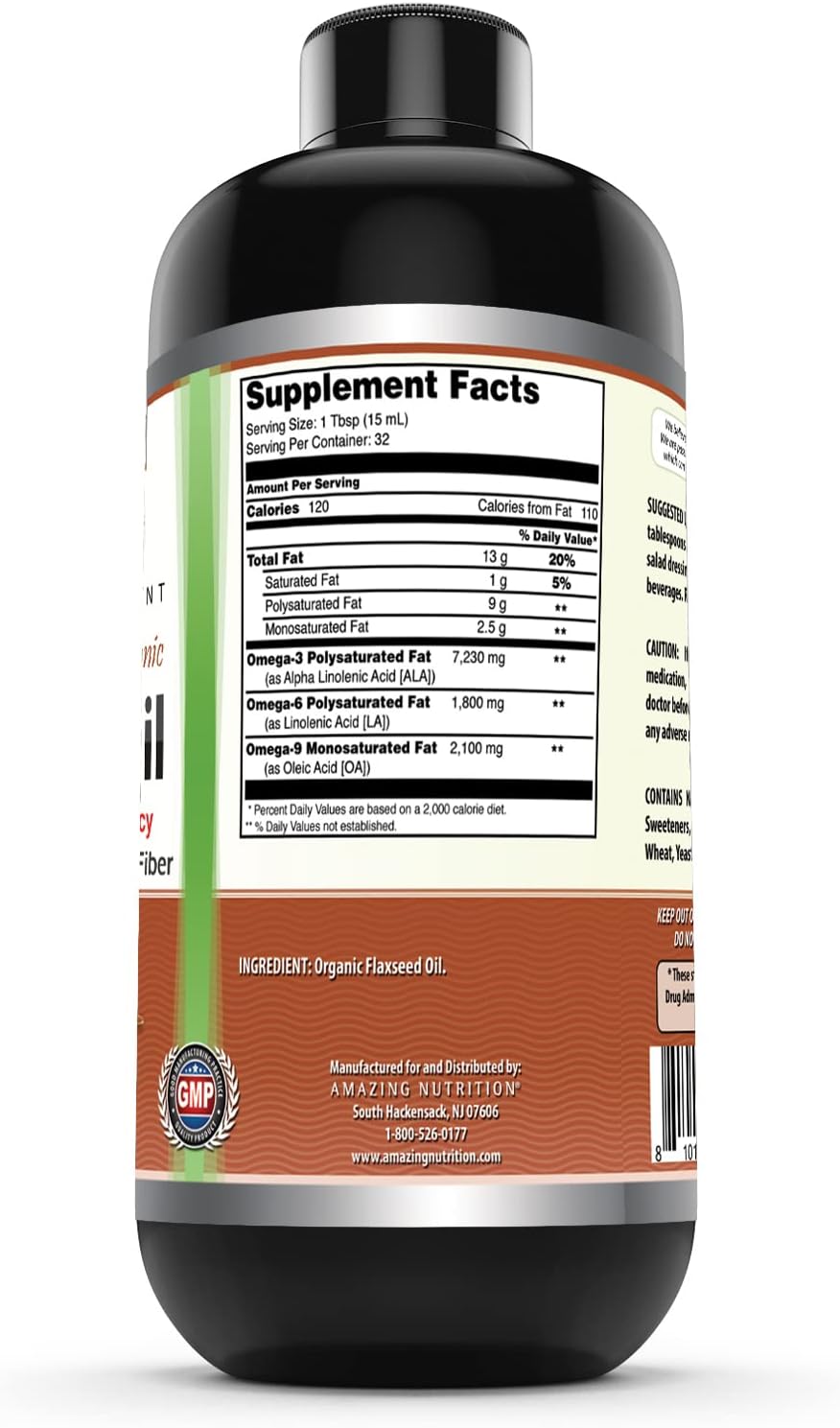 High-Quality Flaxseed Oil Supplement with Omega 3, Lignans, and Fiber | 16 Oz Bottle | Non-GMO & Gluten Free | Made in USA by Amazing Nutrition