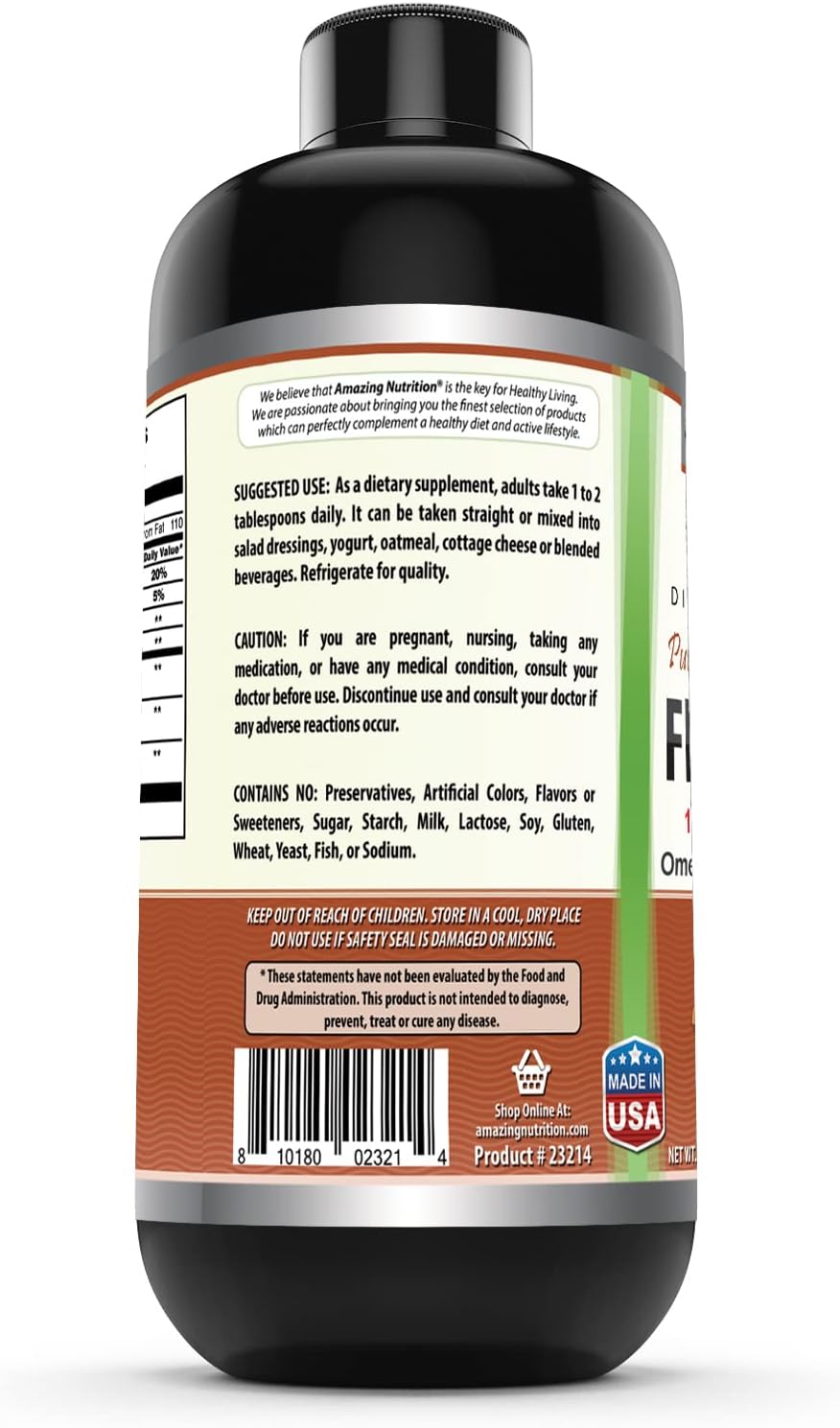 High-Quality Flaxseed Oil Supplement with Omega 3, Lignans, and Fiber | 16 Oz Bottle | Non-GMO & Gluten Free | Made in USA by Amazing Nutrition