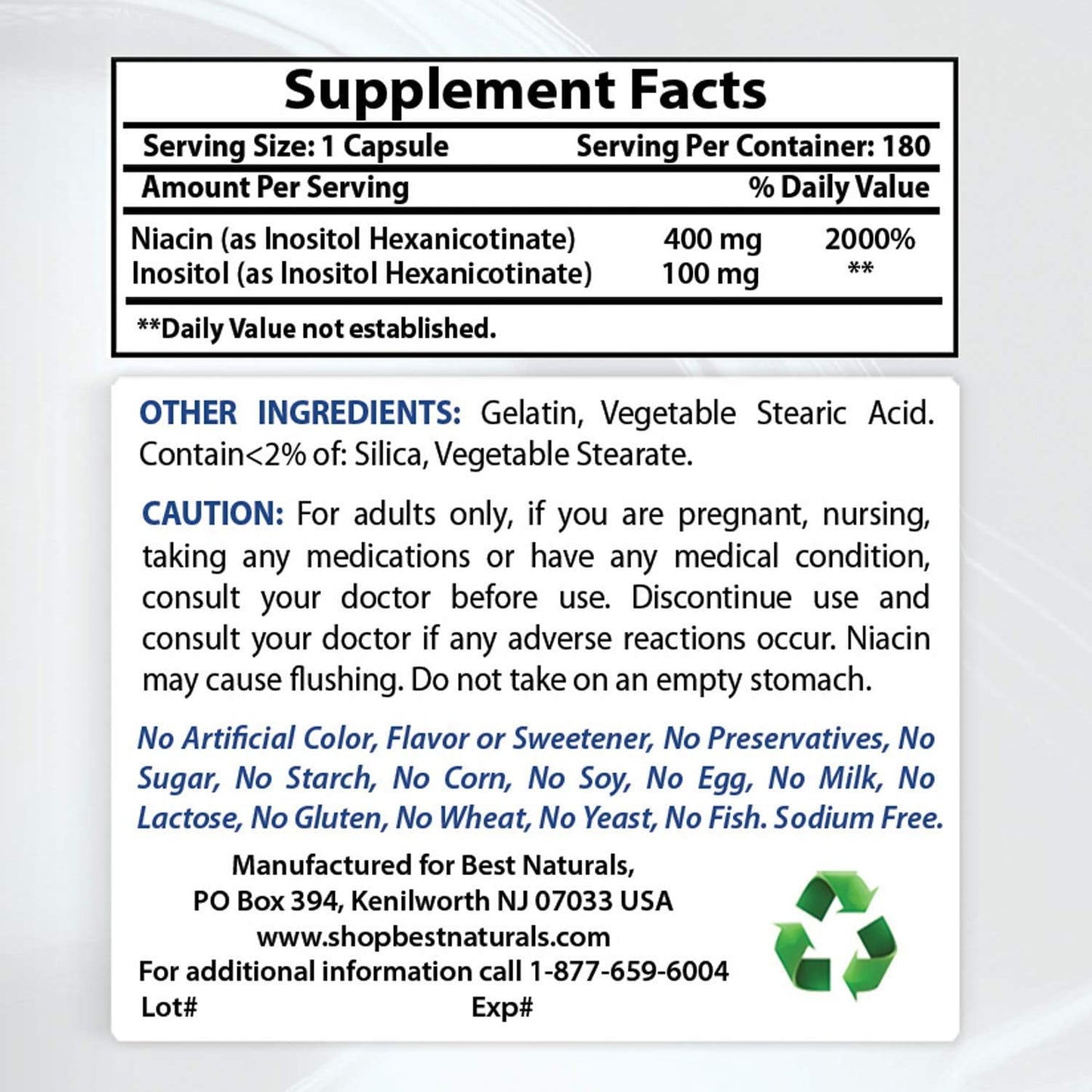 High-Quality Flush-Free Niacin Inositol Hexanicotinate 500mg - 180 Capsules
