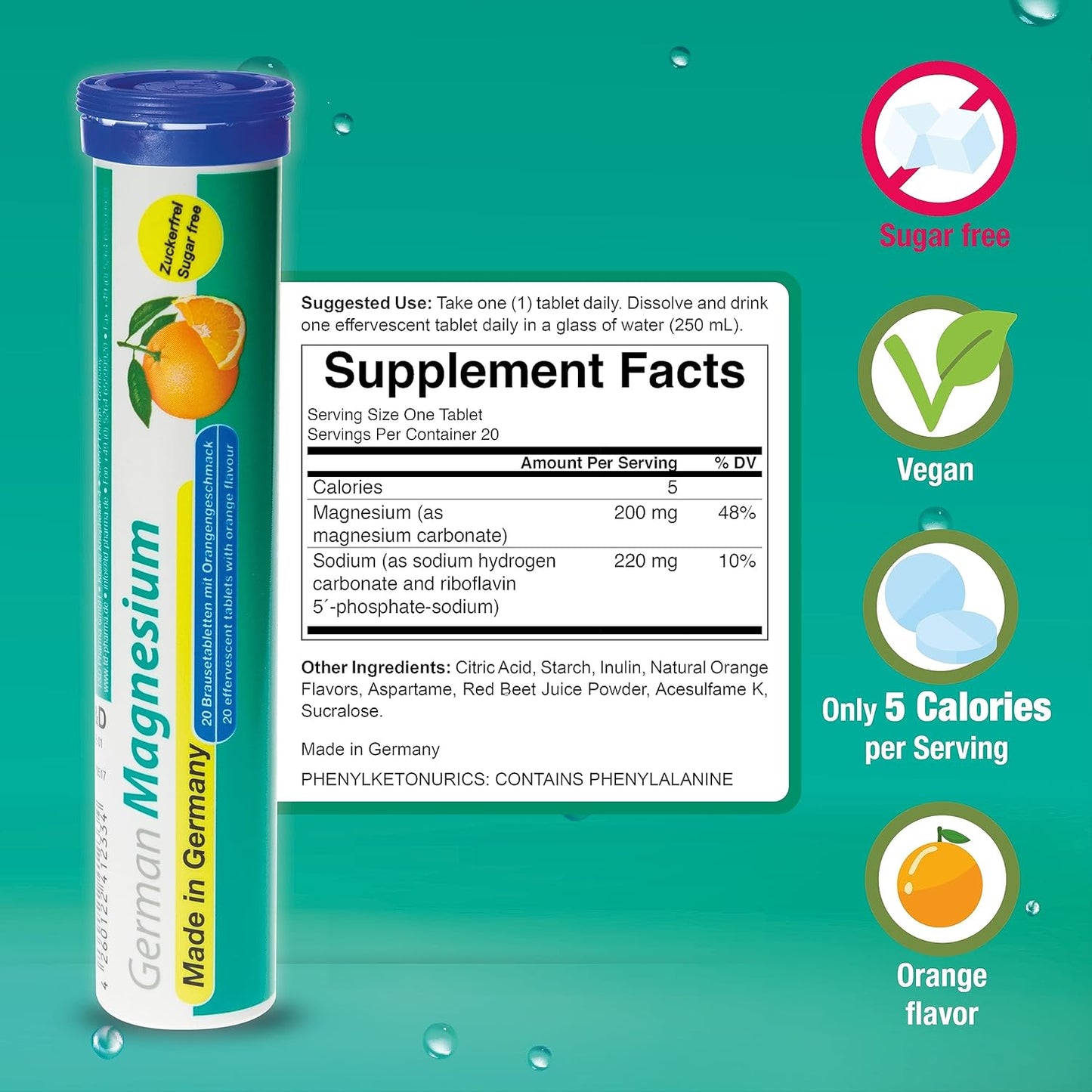 High-Quality German Effervescent Magnesium Oxide Supplement - Orange Flavor | 200 mg per Serving | Sugar-Free, Vegan Tablets by T&D Pharma