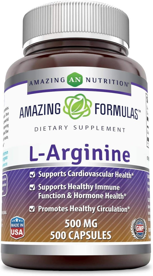 High-Quality L-Arginine Supplement | 500mg Capsules | Amino Acid for Men & Women | Non-GMO, Gluten-Free | Made in USA | 500 Count