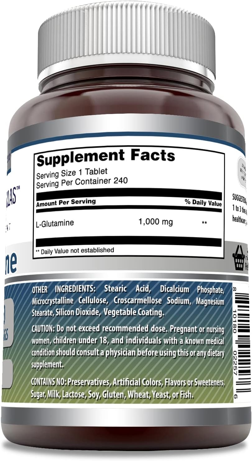 High-Quality L-Glutamine Supplement | 1000mg Per Serving | 240 Tablets | Non-GMO & Gluten Free | Made in USA by Amazing Nutrition