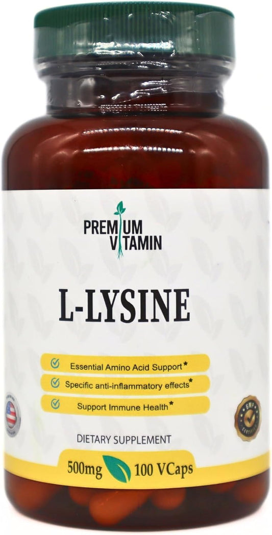 High-Quality L-Lysine 500mg Capsules - 100 Count, Essential Amino Acid Supplement, Gluten & Preservative-Free