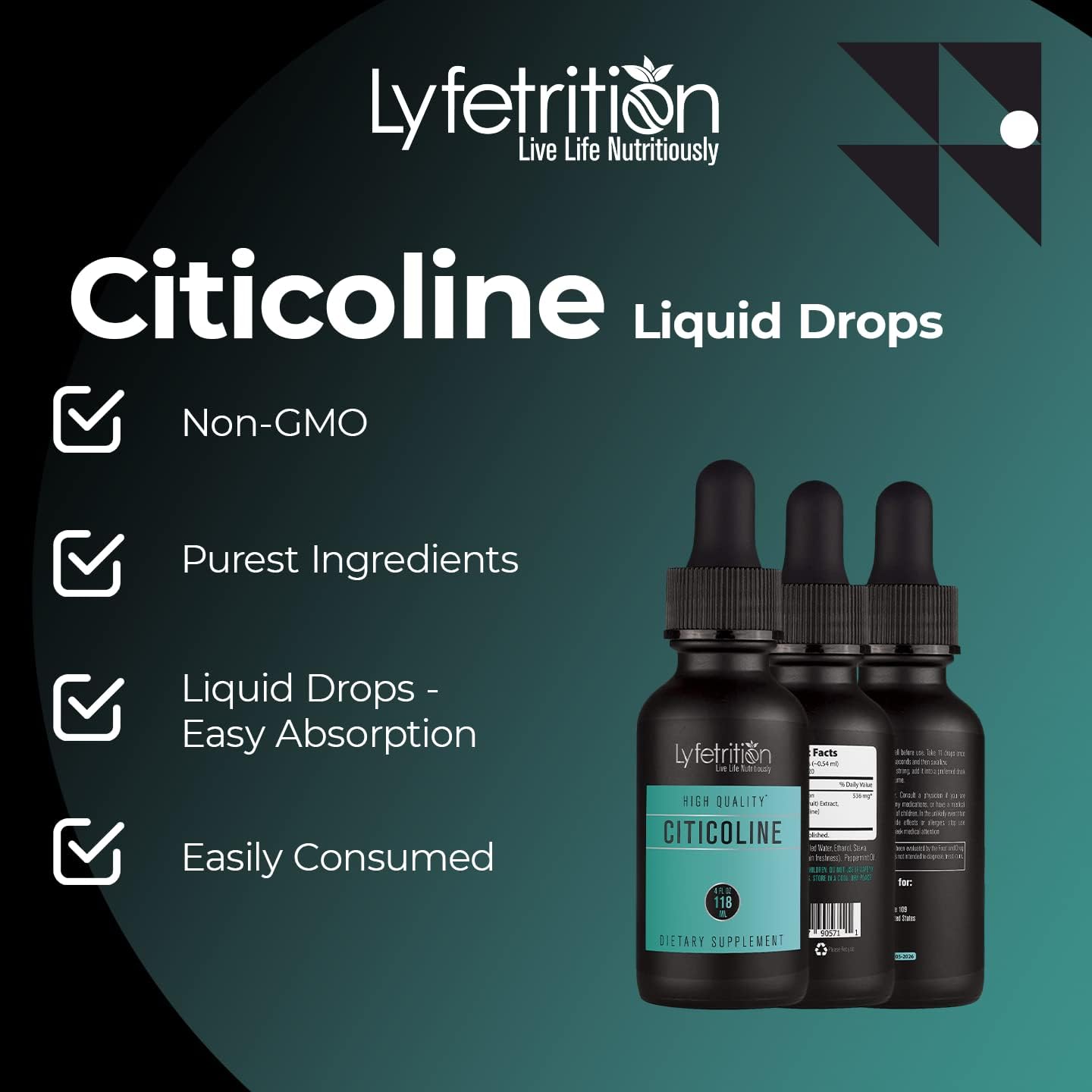 High-Quality Lyfetrition Citicoline Liquid Drops 536mg - 4 Oz Bottle, 220 Servings - USA Made, Fast Absorption, Potent Non-GMO Ingredients - GMP Certified, Cruelty-Free - Liquid Supplement