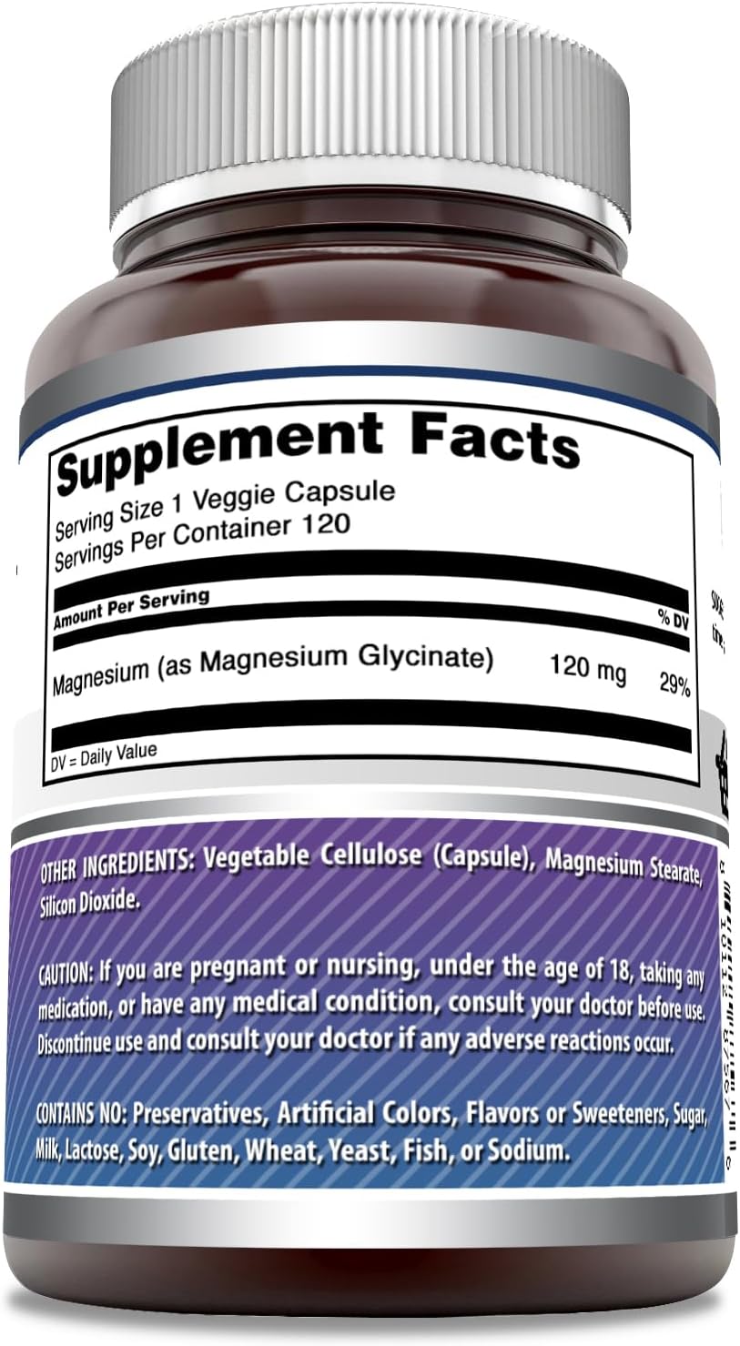 High-Quality Magnesium Glycinate 120mg Supplement - 120 Veggie Capsules | Non-GMO & Gluten-Free | Made in USA by Amazing Nutrition
