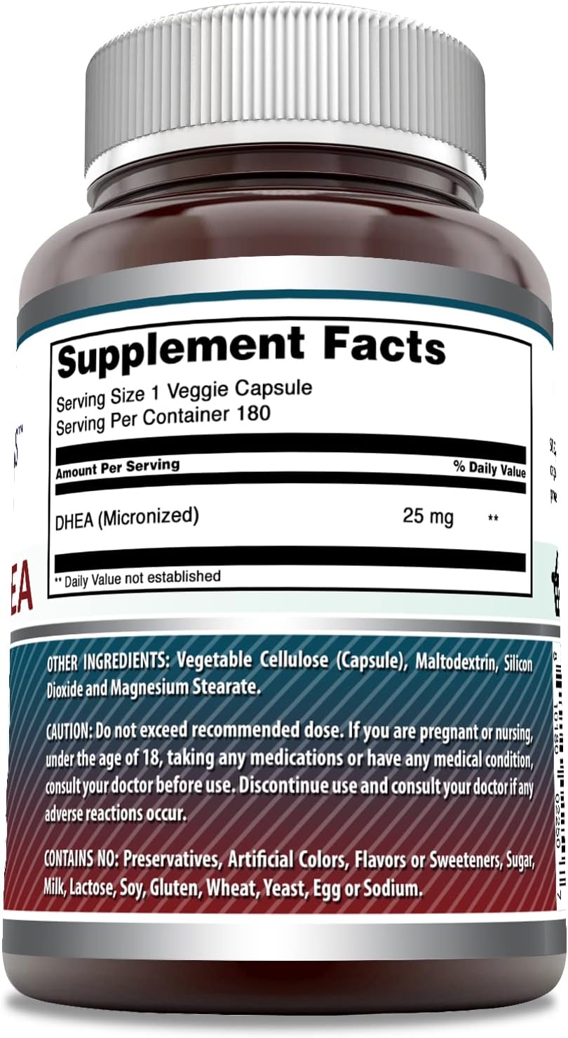High-Quality Micronized DHEA 25mg Supplement for Men & Women - 180 Veggie Capsules - Non-GMO & Gluten Free - Ideal for Vegetarians - Made in USA - Dehydroepiandrosterone Capsules