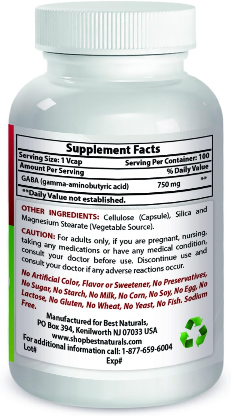 High Quality Natural GABA Supplement - 750 mg - 100 Vegetarian Capsules