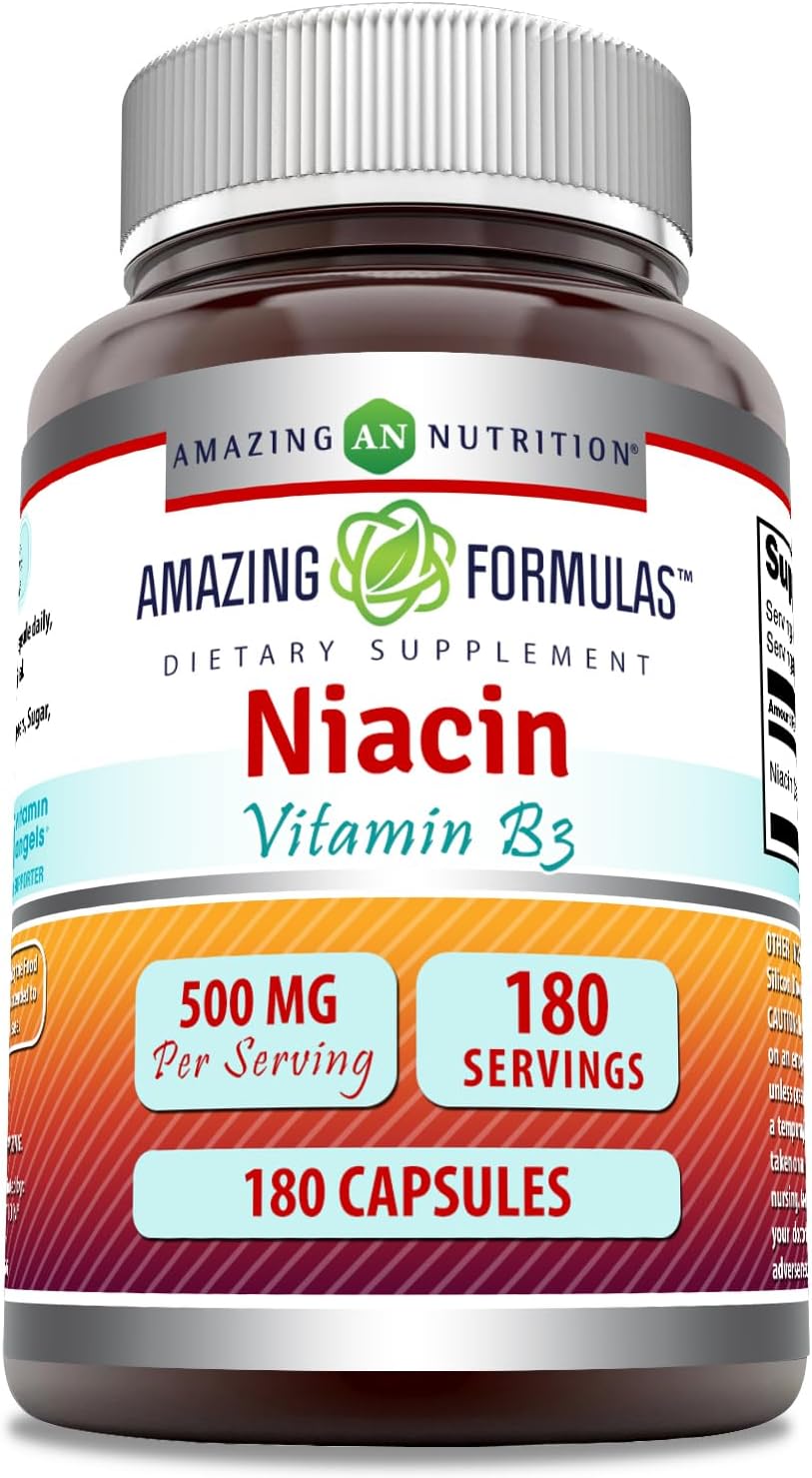High-Quality Niacin Supplement | 500mg Per Serving | 180 Capsules | Non-GMO | Gluten-Free | USA-Made