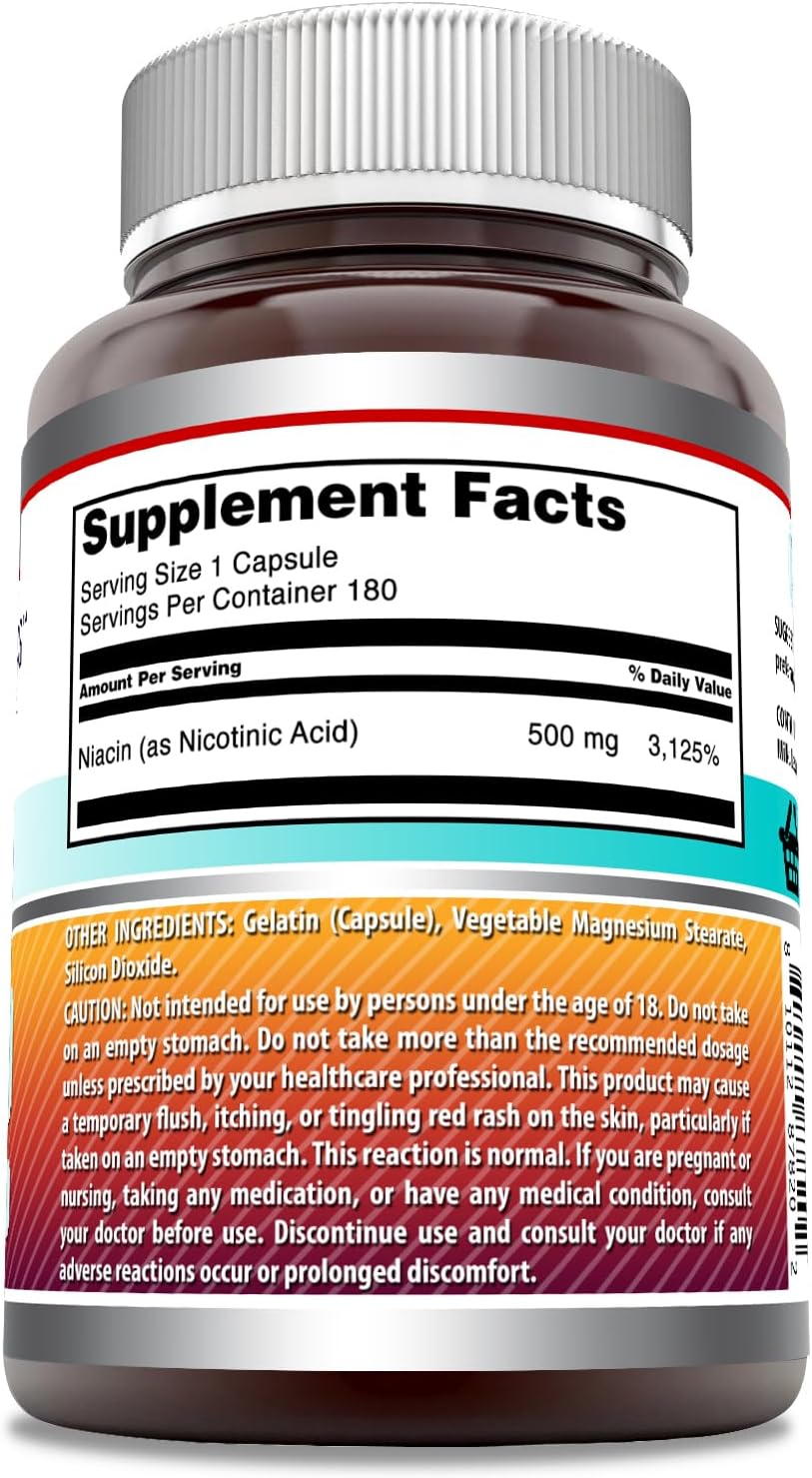 High-Quality Niacin Supplement | 500mg Per Serving | 180 Capsules | Non-GMO | Gluten-Free | USA-Made