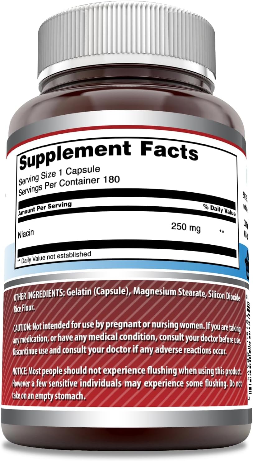 High Quality Niacin (Vitamin B3) 250mg Supplement - 180 Capsules | Non-GMO, Gluten Free, Made in USA by Amazing Nutrition