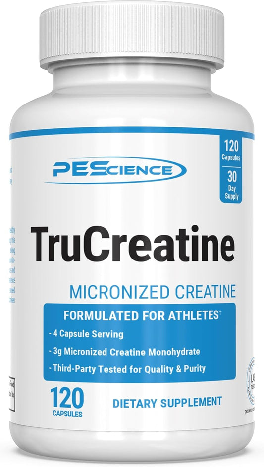 High-Quality PEScience TruCreatine Capsules with Creapure Micronized Creatine Monohydrate - 3g Per Serving - Supports Muscle Growth, Strength, and Recovery - Easy-to-Swallow Creatine Pills for Men and Women - 120 Capsules