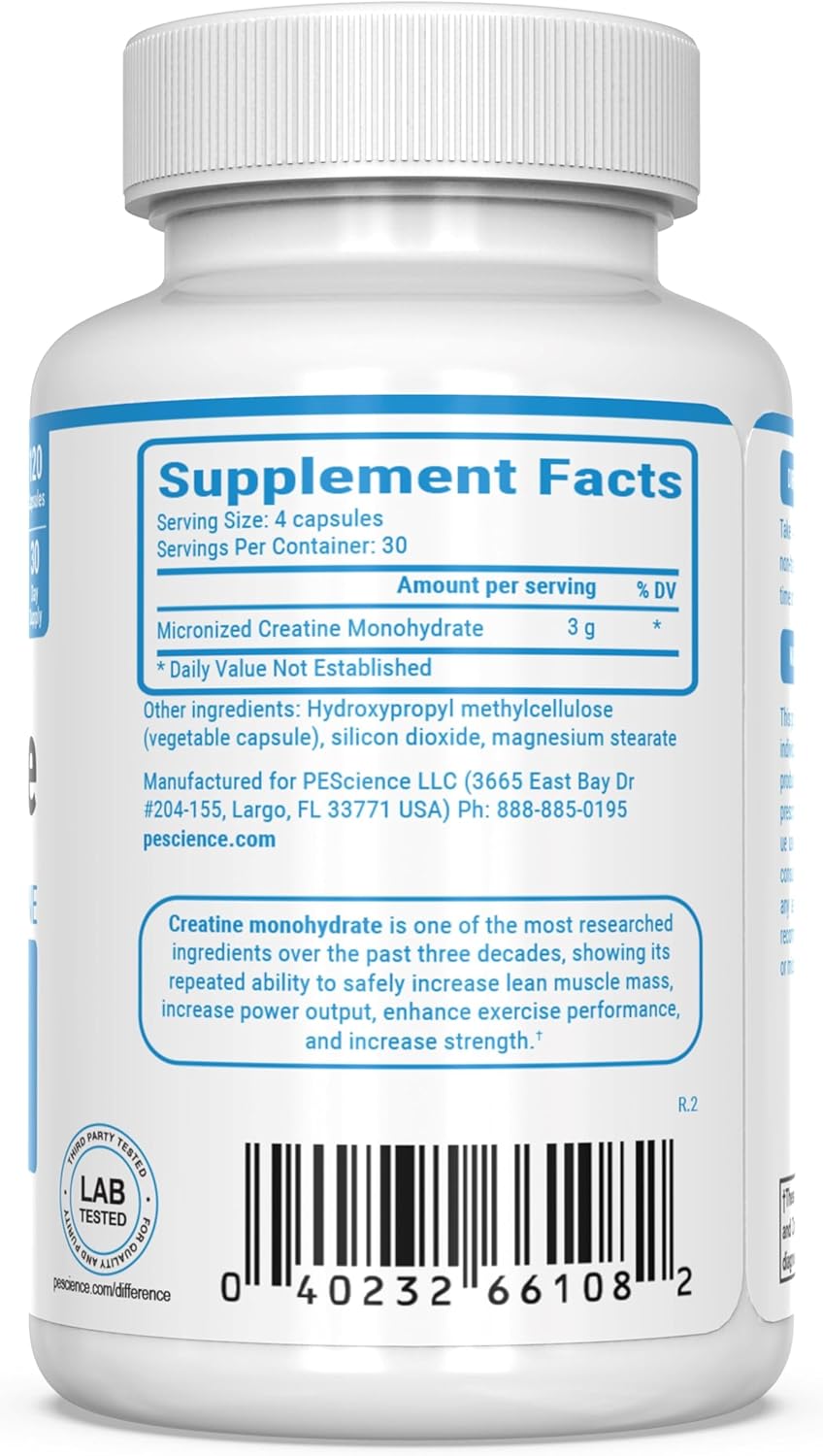 High-Quality PEScience TruCreatine Capsules with Creapure Micronized Creatine Monohydrate - 3g Per Serving - Supports Muscle Growth, Strength, and Recovery - Easy-to-Swallow Creatine Pills for Men and Women - 120 Capsules