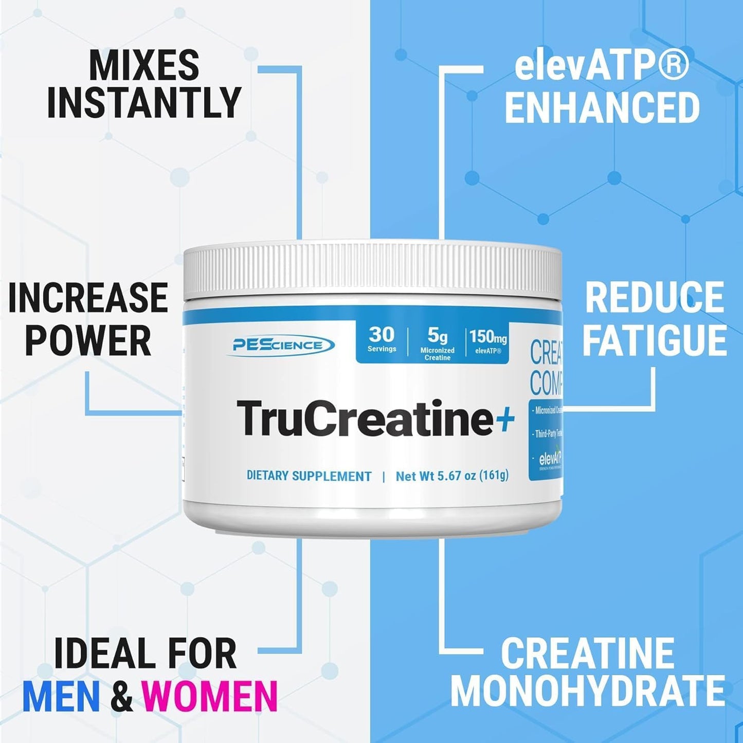 High-Quality PEScience TruCreatine Powder - 5g Creapure Creatine Monohydrate, Micronized - 30 Servings