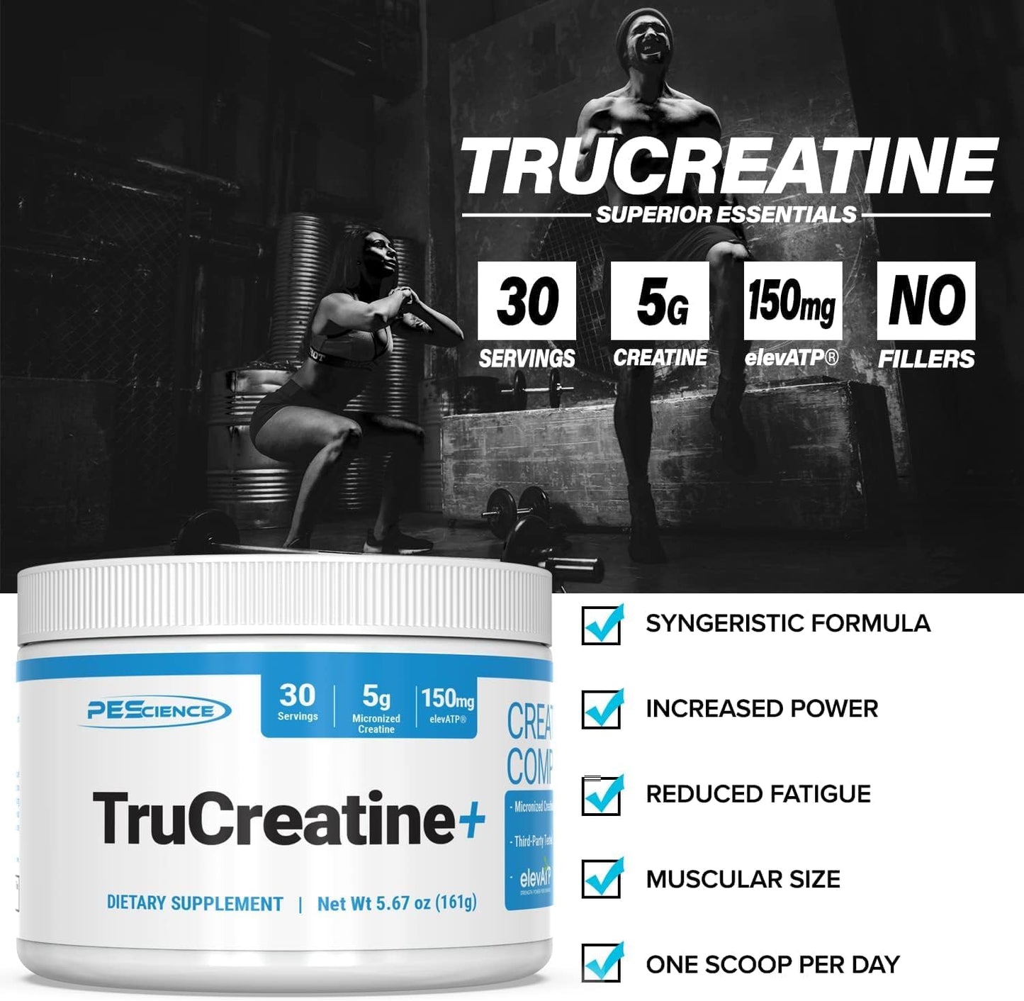 High-Quality PEScience TruCreatine Powder - 5g Creapure Creatine Monohydrate, Micronized - 30 Servings