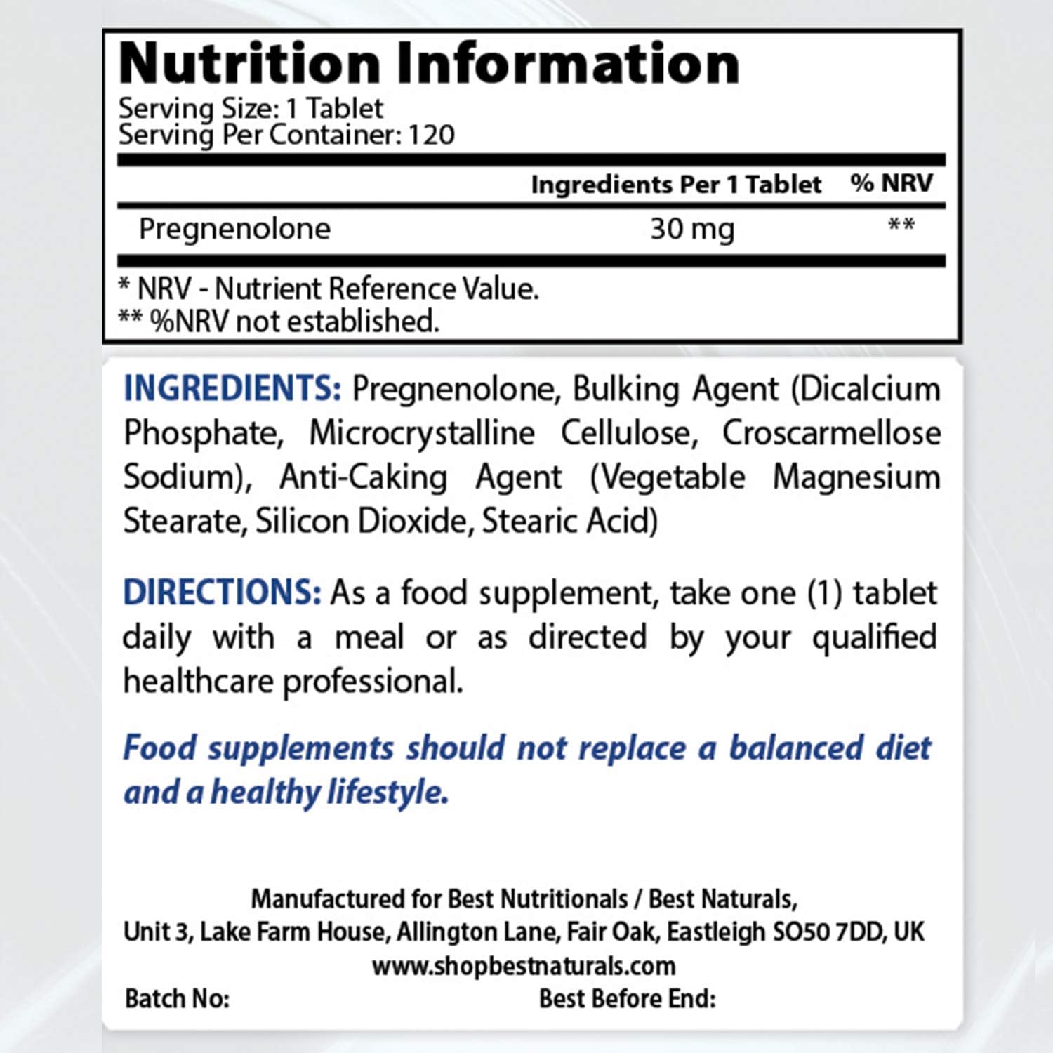 High-Quality Pregnenolone 30 Mg Supplement with Vitamin K2 (MK7) and D3