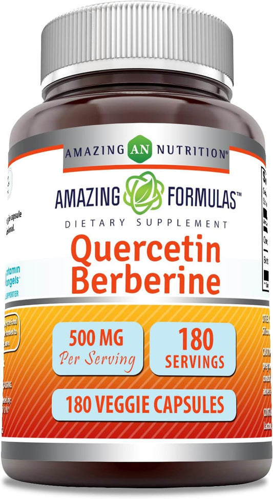 High Quality Quercetin Berberine Supplement - 250mg Each, 180 Veggie Capsules, Non-GMO, Gluten Free, Made in USA, Vegetarian Friendly